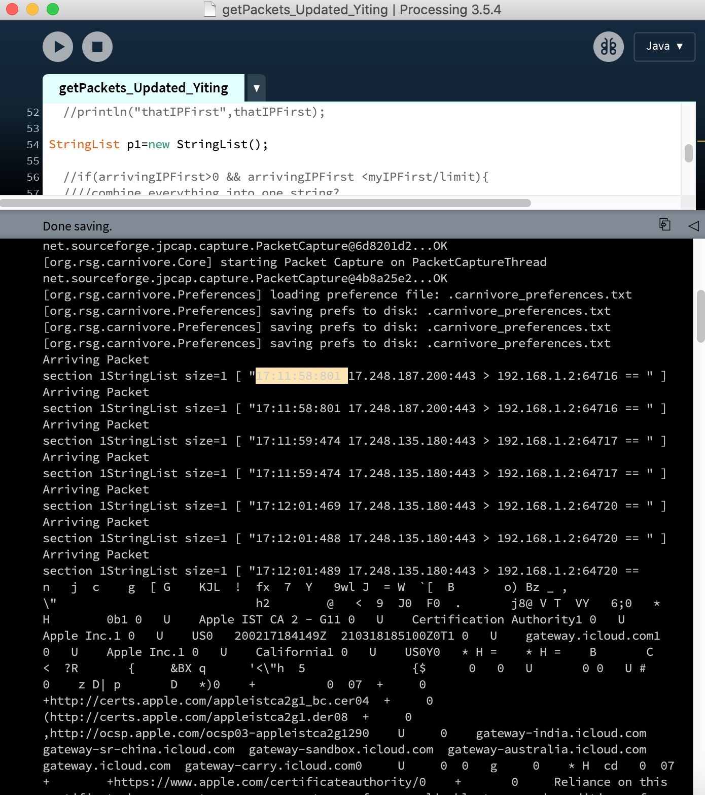 screenshot of processing getting packets from server using Carnivore library.