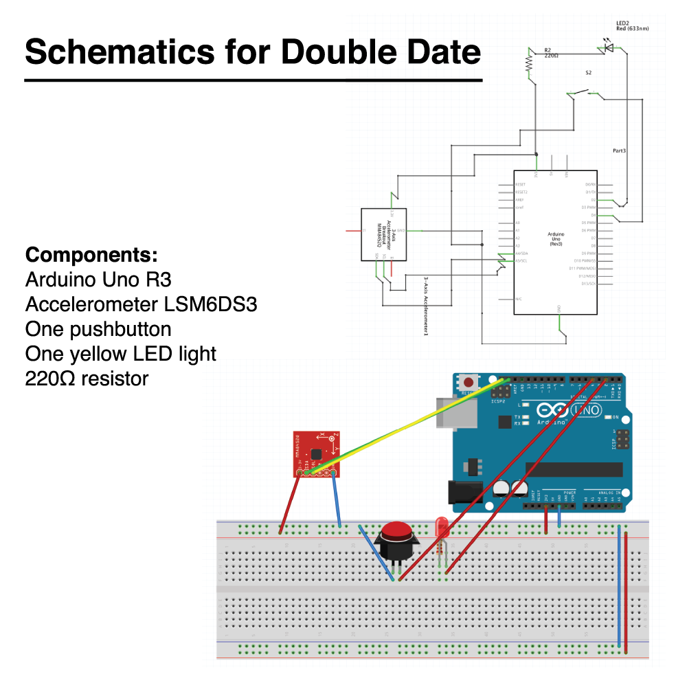 schematics for the installation with arduino, accelerometer, pushbutton, led light, and a 220Ω resistor.