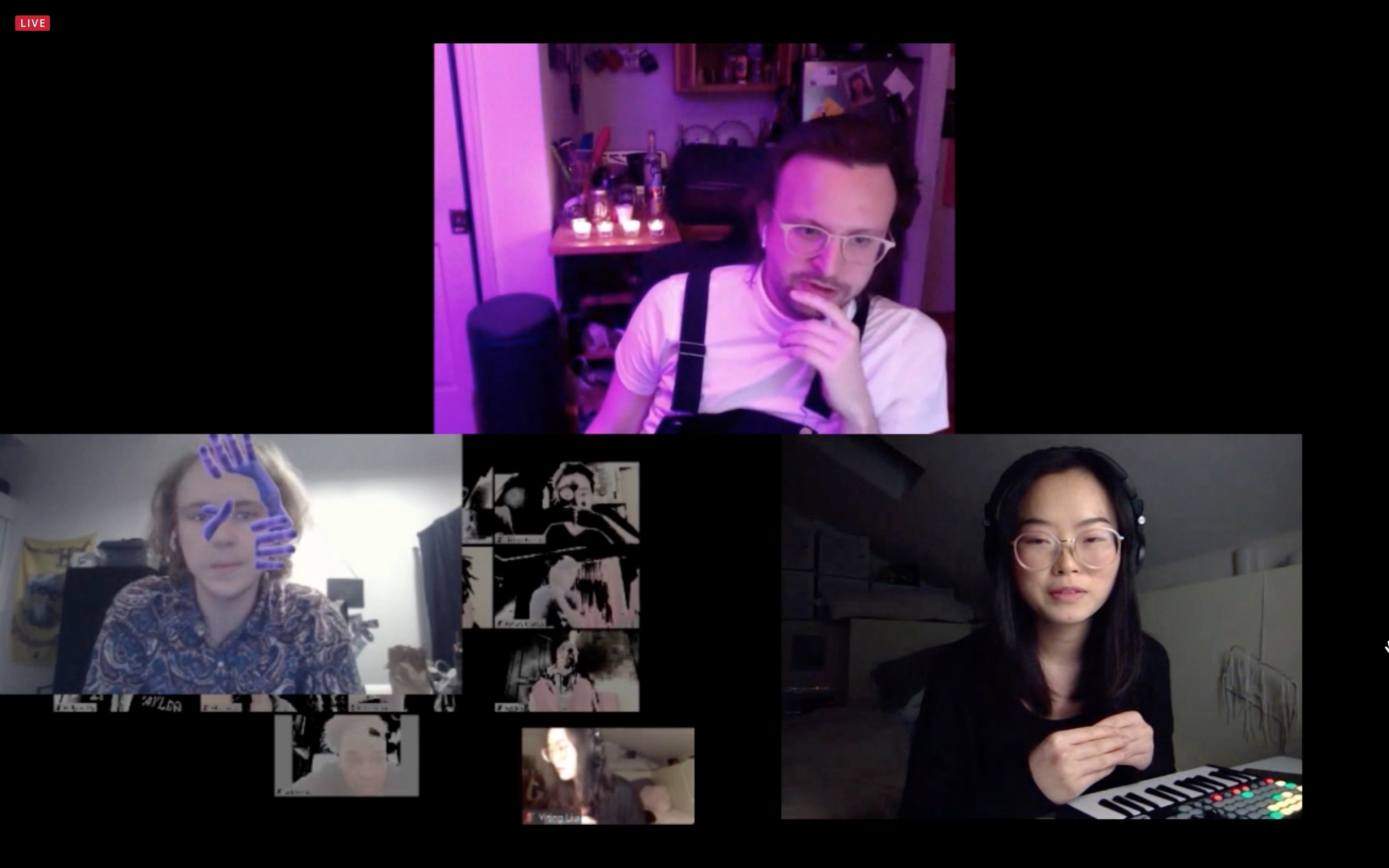 screenshot of live interview with Yiting Liu, Oliver-Rose, and Alden Jones for CultureHubNYC on Apr. 25, 2020. 